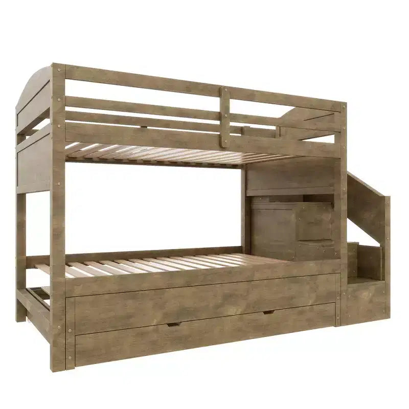 Cadre de Lit Superposé Twin XL avec Lit Gigogne, Escalier de Rangement, Armoire et 3 Tiroirs pour Enfants