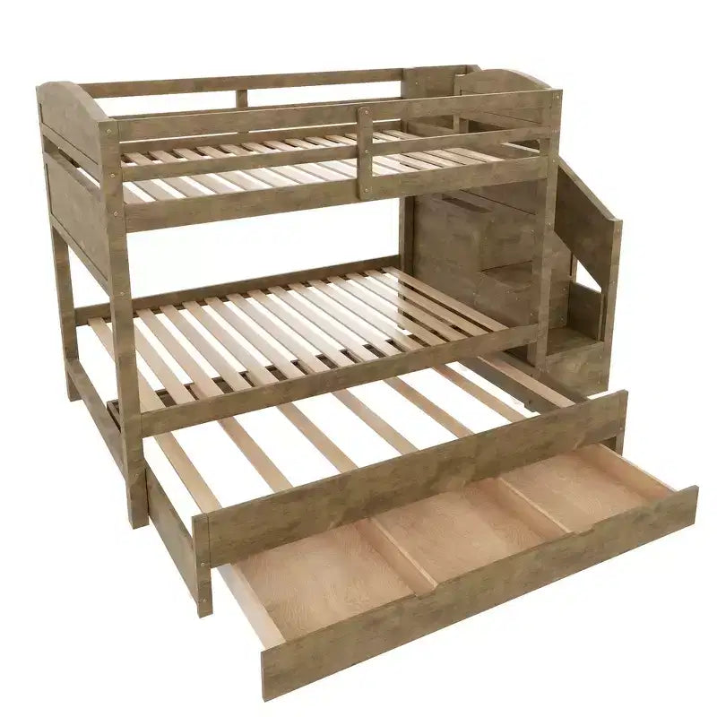 Cadre de Lit Superposé Twin XL avec Lit Gigogne, Escalier de Rangement, Armoire et 3 Tiroirs pour Enfants