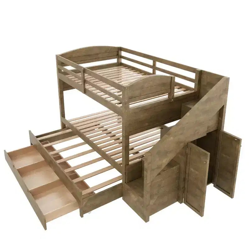 Cadre de Lit Superposé Twin XL avec Lit Gigogne, Escalier de Rangement, Armoire et 3 Tiroirs pour Enfants