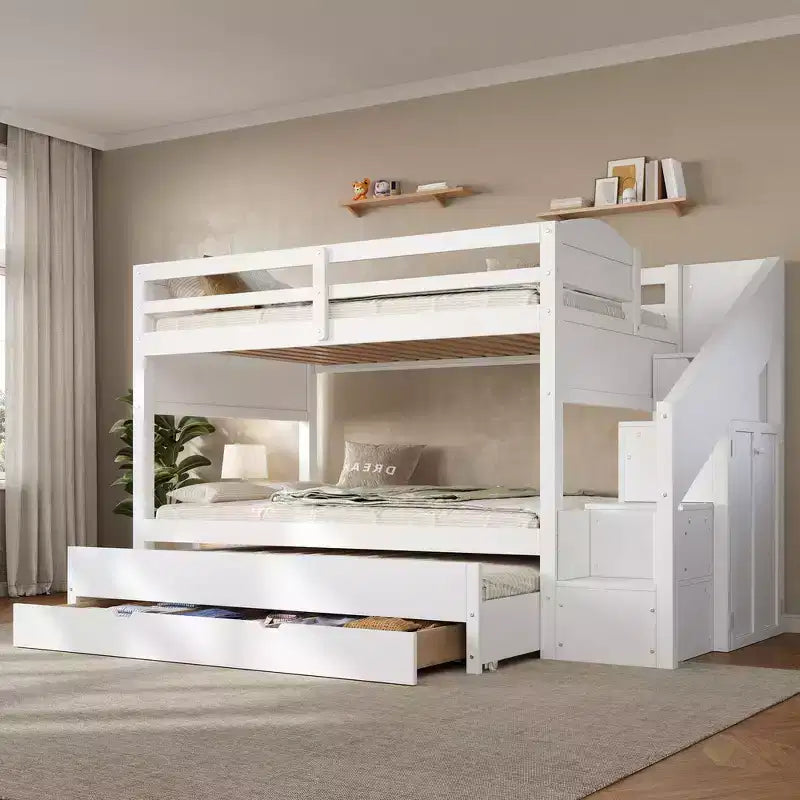Cadre de Lit Superposé Twin XL avec Lit Gigogne, Escalier de Rangement, Armoire et 3 Tiroirs pour Enfants
