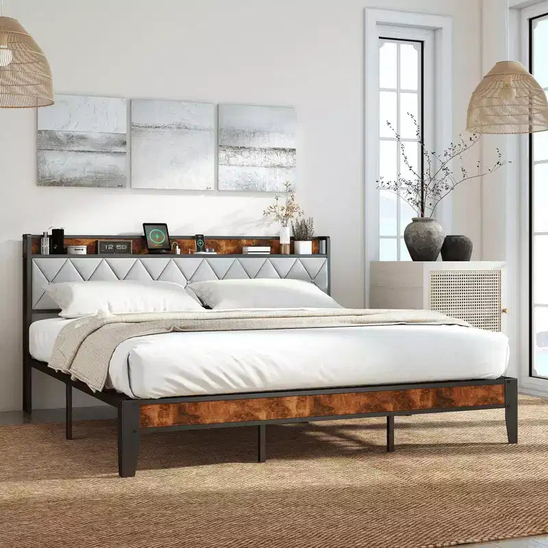 MAYEERTY Upholstered Noise-Free Platform Bed with Headboard Shelf, Easy Assembly & No Box Spring Needed