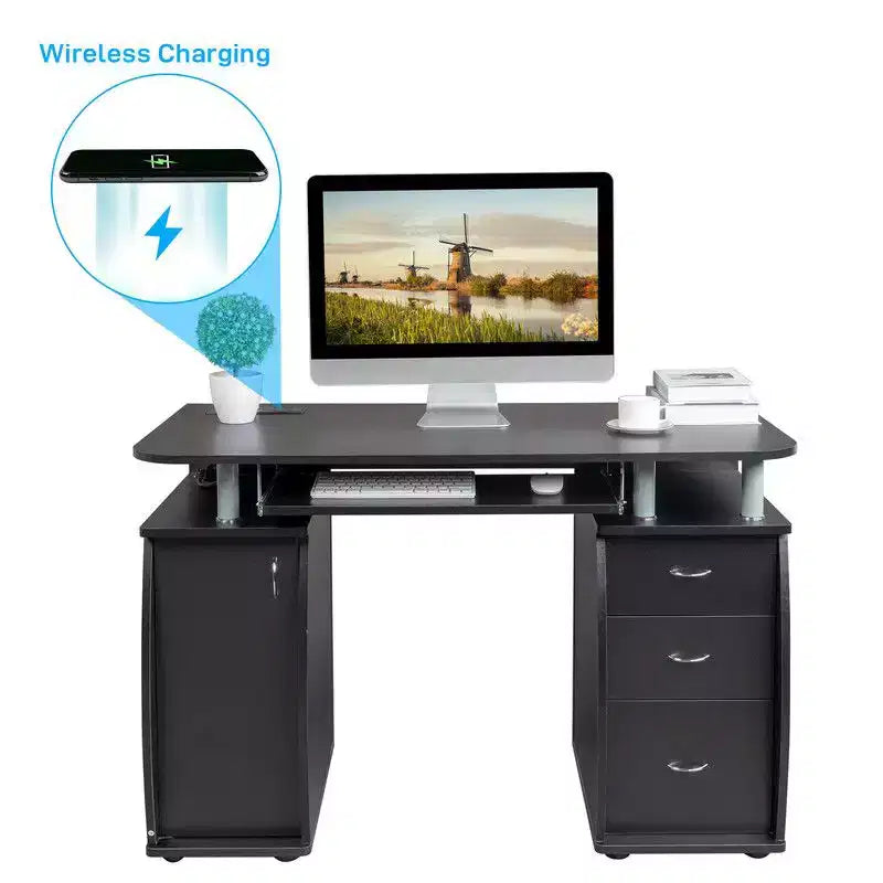 Bureau d'ordinateur de 45 pouces avec 3 tiroirs, prises de courant et ports USB