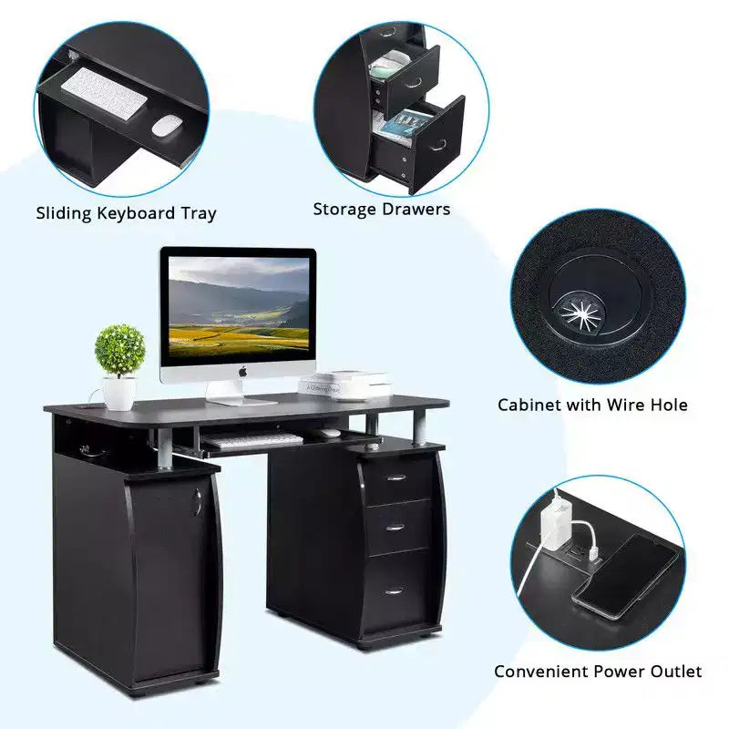 Bureau d'ordinateur de 45 pouces avec 3 tiroirs, prises de courant et ports USB