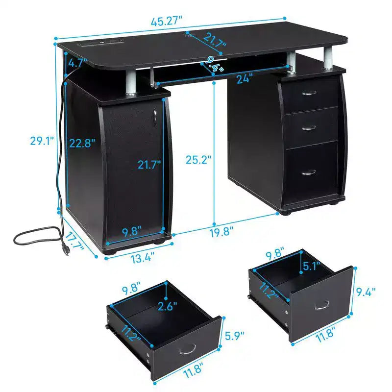 Bureau d'ordinateur de 45 pouces avec 3 tiroirs, prises de courant et ports USB