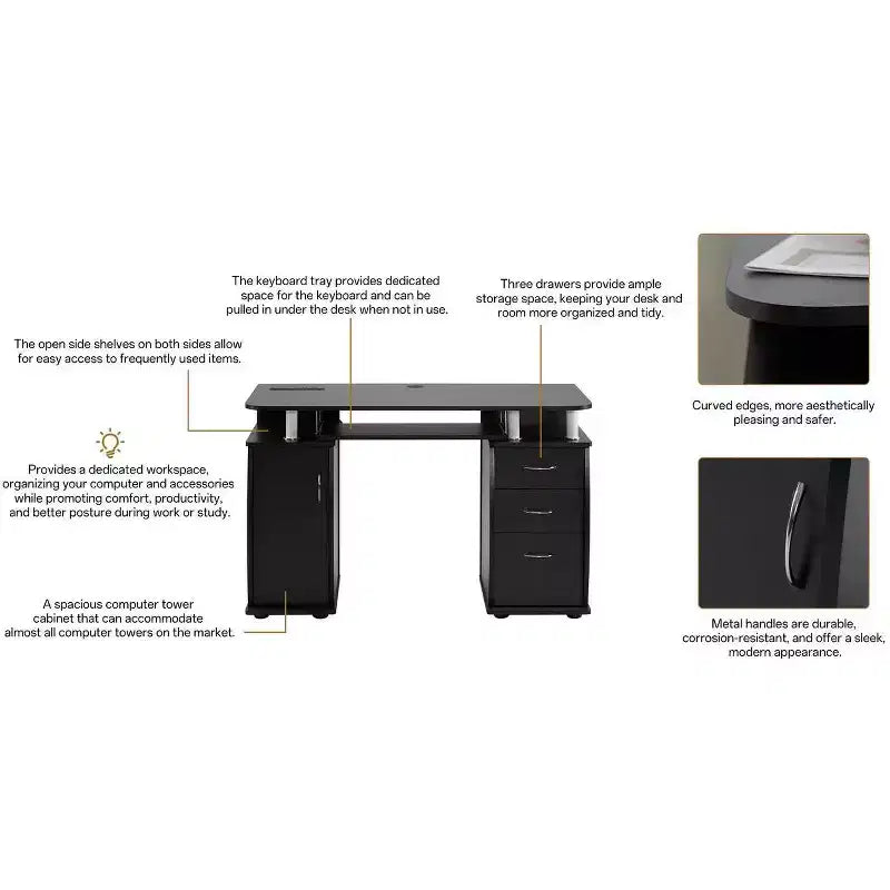 Bureau d'ordinateur de 45 pouces avec 3 tiroirs, prises de courant et ports USB