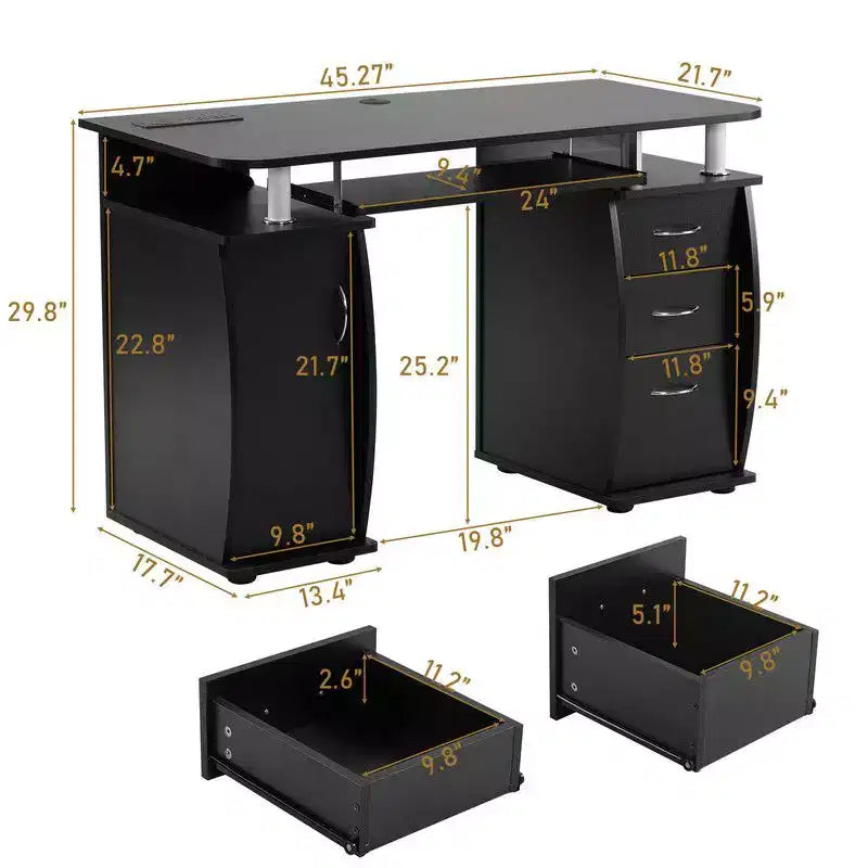 Bureau d'ordinateur de 45 pouces avec 3 tiroirs, prises de courant et ports USB