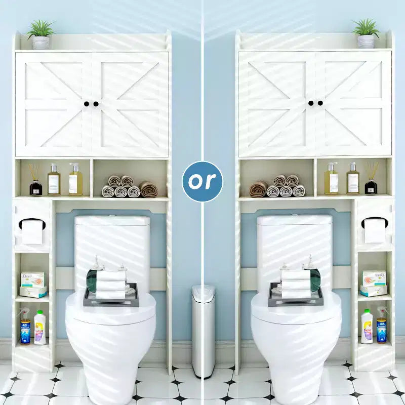 Meuble de rangement au-dessus des toilettes avec portes de grange, organisateur de salle de bain de ferme avec porte-papier toilette et étagère réglable