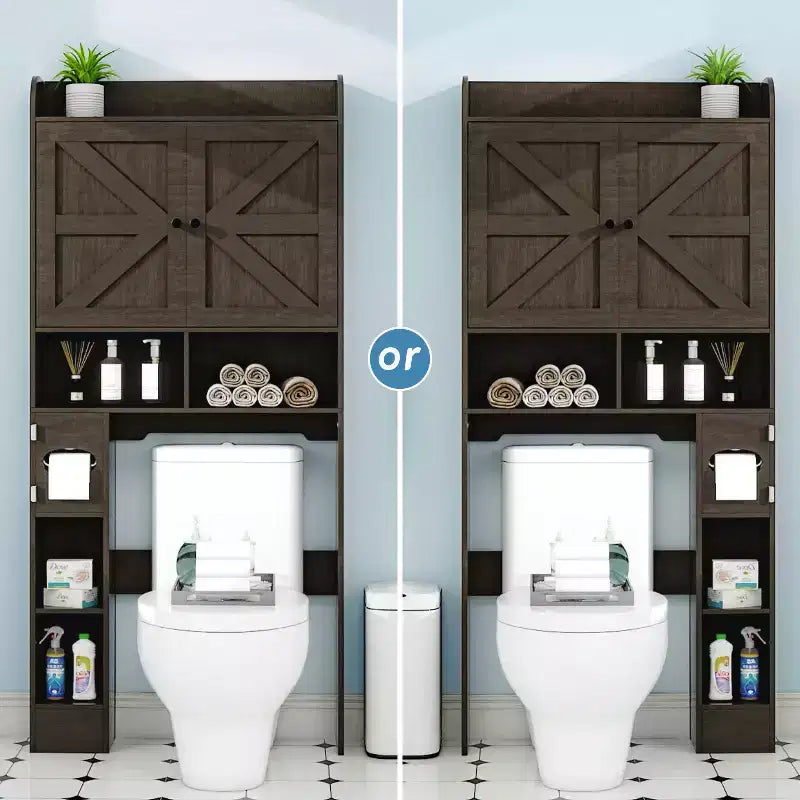 Meuble de rangement au-dessus des toilettes avec portes de grange, organisateur de salle de bain de ferme avec porte-papier toilette et étagère réglable