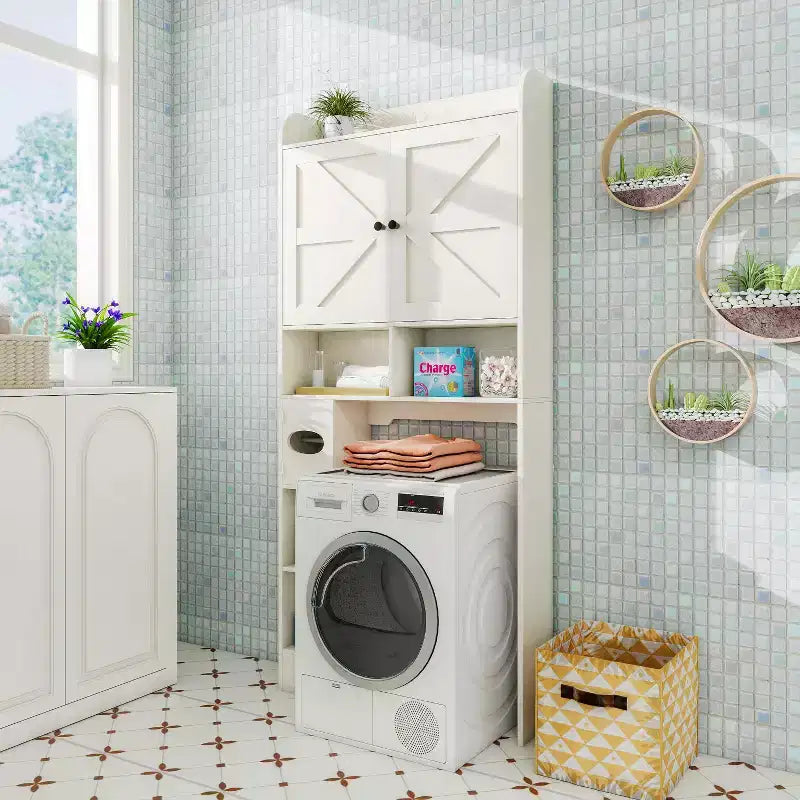 Meuble de rangement au-dessus des toilettes avec portes de grange, organisateur de salle de bain de ferme avec porte-papier toilette et étagère réglable