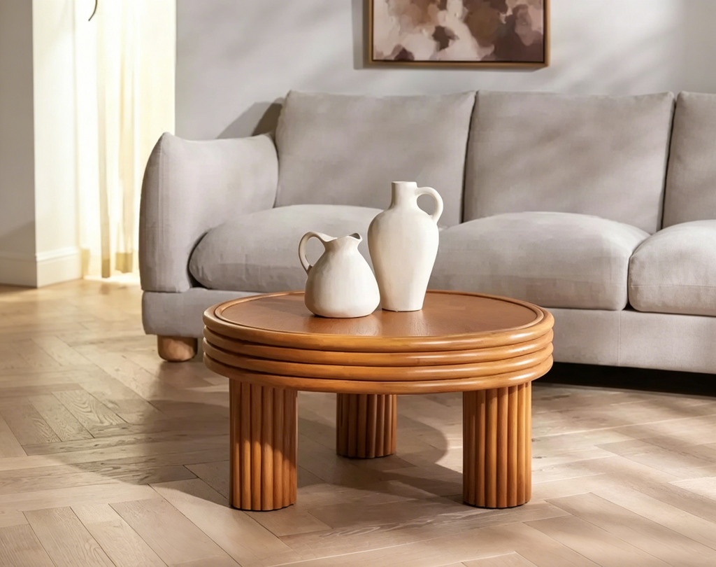 Table basse ronde en rotin naturel